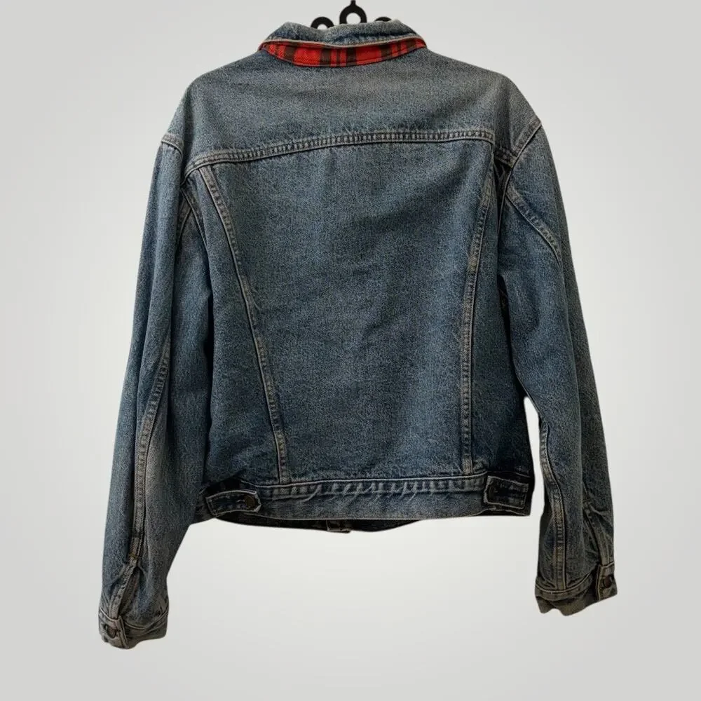Vintage 90s Levi's Denim Jacket XL Made in USA Gold Miner Red Flannel Lined